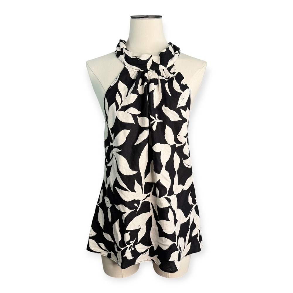 Parker Linen-Blend Floral Halter Flowy Top in Black & White Small